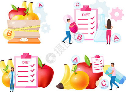 饮食学专家平面矢量插图集 含有新鲜维生素的水果 选择健康的营养成分 安排减肥餐 营养师医生孤立的卡通人物图片