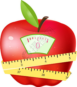 吃水果减肥平面矢量图 卡通红苹果与灵活的卷尺和孤立的白色背景上的尺度 导致体重下降的素食营养图片