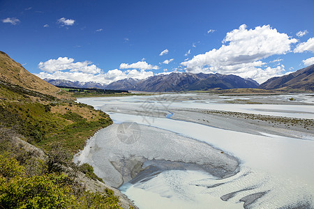 新西兰南部Rakaia河景象旅行情绪蓝色森林全景天气旅游国家公园植物图片