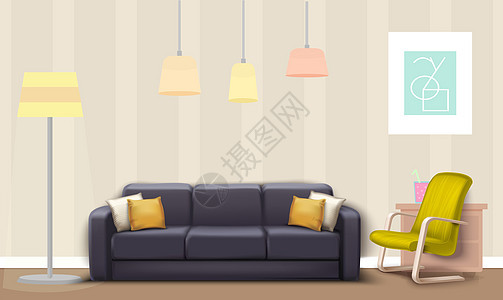 休息室中灰色沙发和黄色椅子的模拟插图地面小样家具桌子长椅建筑学渲染装修窗户木头图片