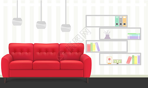 在客厅的红色沙发模拟插图房子枕头办公室奢华长椅休息室织物地面嘲笑家具图片