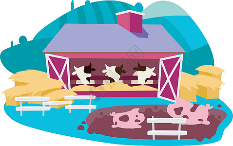 牲畜和奶牛场平面矢量图 牛养殖农业动物养殖卡通概念 肉类生产农业综合企业 牛棚里的牛和猪 农田兰克图片