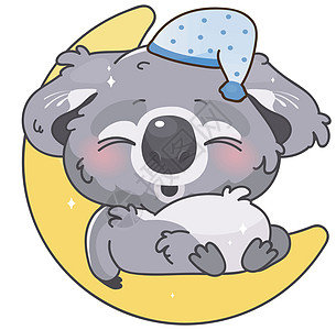 可爱的考拉卡哇伊卡通矢量人物 睡在月亮上的可爱又有趣的动物孤立的书插图 动漫小考拉在白色背景上的睡帽表情符号图片