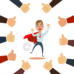 快乐而自豪的商务人士 周围有许多竖起大拇指的手老板优胜者插图工作男人胜利经理荣耀喜悦商业图片