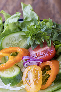 特写新鲜的沙拉加巴西尔蔬菜营养绿色洋葱美食叶子小吃盘子乡村黑色图片