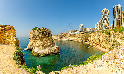 Raouche 或鸽子 岩石全景 海和香菜中心在Th首都风景悬崖海岸吸引力市中心地标海湾蓝色支撑图片