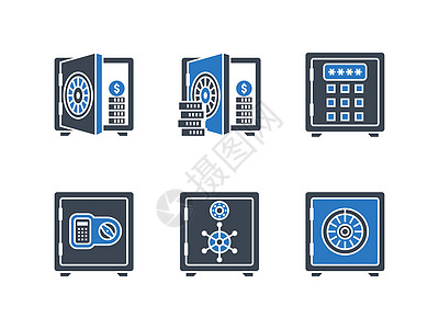 保险箱相关矢量字形图标集财富银行订金安全盒子密码投资中风现金插图图片