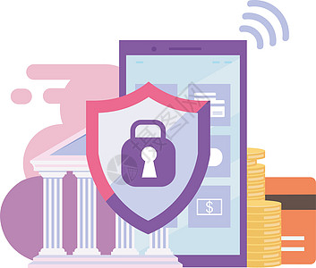 移动银行安全平面插图 高保护金融交易卡通概念 电子钱包银行应用程序 白色背景上的智能手机安全和数据安全隔离隐喻图片