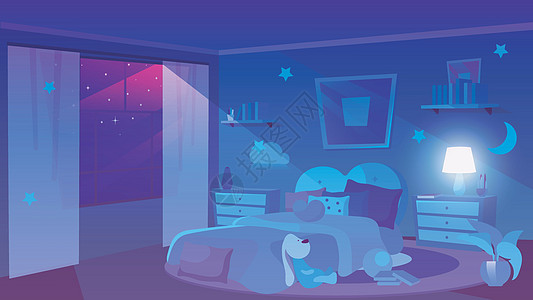 儿童卧室夜景平面矢量图解 全景窗口中暗紫色天空中的星星 少女风格的房间内部 墙上挂着柔软的玩具装饰云彩 带凡士林的床头柜图片