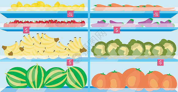 超市货架上有水果平面矢量图 农贸市场内部有水果和蔬菜 健康节食时令食品 杂货店的素食图片