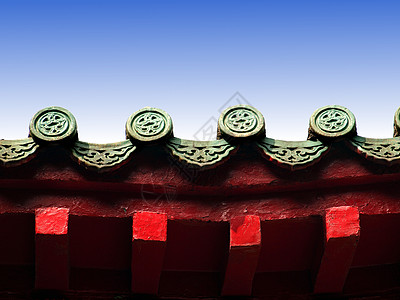 中文屋顶细节绿色陶器文化遗产红色寺庙屋檐横梁传统装饰品图片