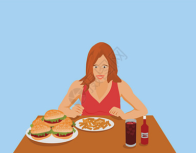 妇女在一张棕色木桌上吃快餐图片