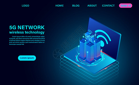 具有 5G 符号无线互联网的智能城市概念建筑 技术和电信图片