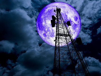 月光柱站和夜空满月背景图片