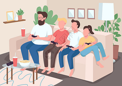 家庭结合平面彩色矢量图 孩子们和父母一起坐在沙发上 孩子们玩电子游戏 爸爸妈妈带着游戏手柄 亲戚 2D 卡通人物与内部背景图片