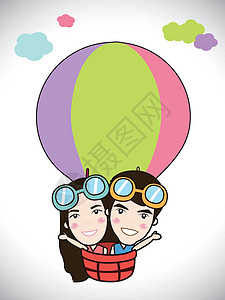卡通小孩乘坐热气球 矢量剪贴画怡乐思学生卡通片天空幸福木头旅游夹子插图运输海报图片