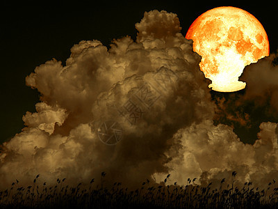满月的超级全血月 在堆积云层环形草之间图片