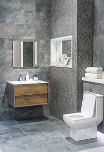 现代宽敞的洗手间 有明亮的瓷砖 有马桶和水槽制品建筑地面公寓财产风格木头房子奢华房间图片