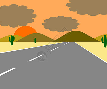 日落时道路两边有沙漠和仙人掌的插图图片