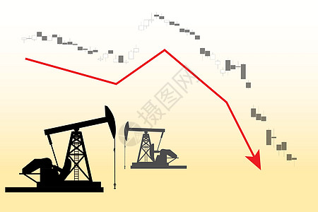 石油危机图解与井架轮廓和股市下行曲线高清图片