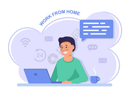 在家工作 自由商务人士在他办公桌前正在笔记本电脑上工作 平面样式中的矢量插图程序员椅子商业员工桌子经理网络成人商务设计师图片