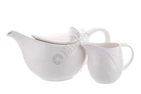 白瓷茶壶在白色背景上被孤立飞碟闲暇盘子午餐餐具杯子早餐陶器厨房制品图片