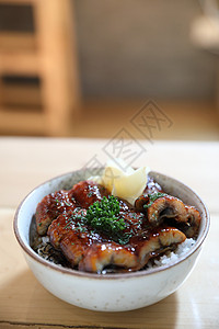 日本菜 ungi don 烤鱼 在日本大米上烧柴b用餐鳗鱼餐厅美食海鲜文化炙烤午餐烹饪教师图片