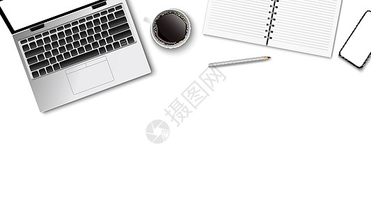 白色笔记本现代咖啡纸笔记铅笔的顶部视图在白色背景和文本业务概念向量它制作图案的复制空间药片商业报告日记工具图书记事本电话网络统计设计图片