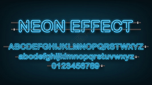 蓝光霓虹灯效果英语字母表和数字符号矢量图制作图案图片
