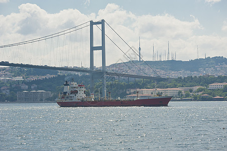 河上悬吊桥下的大型船舶船体旅行运输电线地标建筑学船运火鸡天空蓝色图片