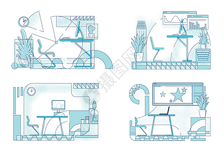 现代办公室室内设计概述矢量插图集 白色背景上的商务中心房间轮廓组合 企业员工工作场所简约风格图纸合集插画
