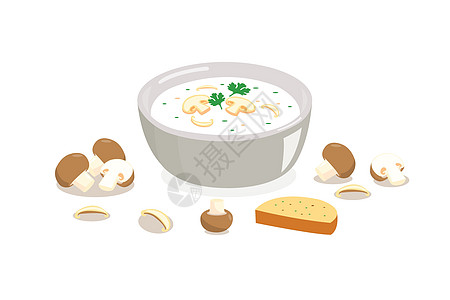 碗里的蘑菇汤 白色背景中突显的面包陶瓷杯子卡通片盘子餐厅厨房午餐烹饪奶油菜单图片