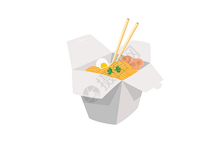 面条装在白色背景中隔开的纸盒中餐厅烹饪盒子猪肉拉面筷子食物午餐包装插图图片