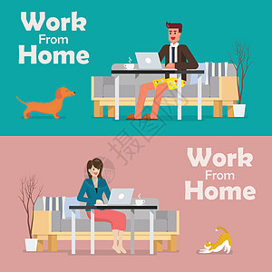 商务女士在家里用笔记本电脑工作的男人和女人商务插图长椅流感互联网女士桌子职场宠物员工插画