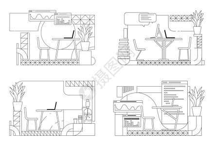 现代办公室室内设计概述矢量插图集 公司首席执行官在白色背景下的个人工作场所轮廓组合 销售分析师办公桌简约风格图纸合集图片
