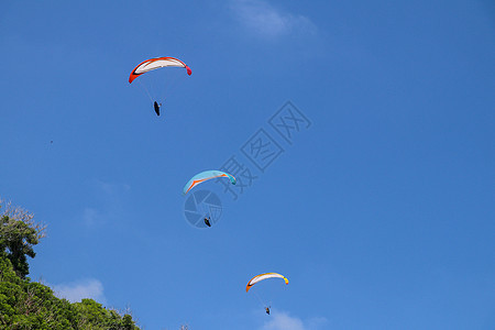 在天空中滑翔伞 三架单人滑翔伞在夏日飞越热带巴厘岛 美丽的滑翔伞在绿松石色的背景下飞行 积极的生活方式和极限运动的概念飞行员危险图片