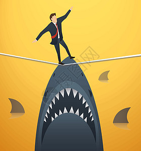 一名商务人士在绳索上行走的插图 在商业风险下有鲨鱼捕食者挑战解决方案工作海洋金融平衡人士公司勇气背景图片