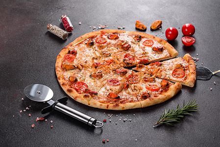 美味的披萨切片 有海鲜和西红番茄混凝土背景戒指面团蔬菜乌贼餐厅美食小吃午餐桌子食物图片