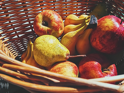 生锈的有机苹果 梨子和香蕉在柳篮中食物篮子农业健康水果热带农民亚麻饮食农场图片