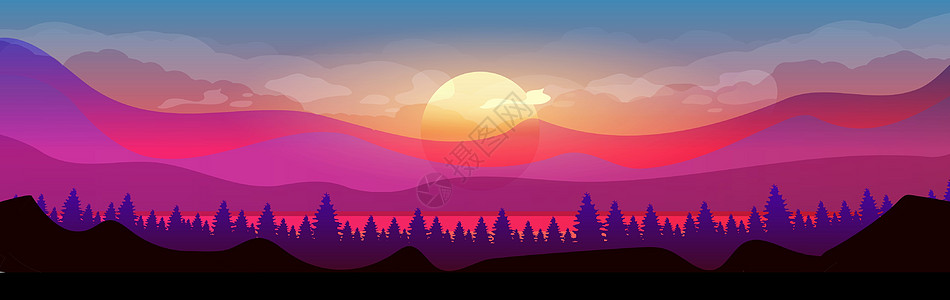 日落在山平面颜色矢量它制作图案信息图表首脑顶峰场景横幅野生动物坡度海报紫色图片
