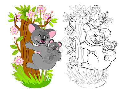 着色书页 考拉妈妈和她的孩子在丛林中的插图 儿童练习册的可打印工作表 在线教育 平面卡通矢量 儿童动物背景图片