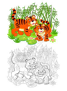 着色书页 两只可爱的玩具老虎在丛林中的插图 儿童练习册的可打印工作表 在线教育 平面卡通矢量 儿童动物背景图片