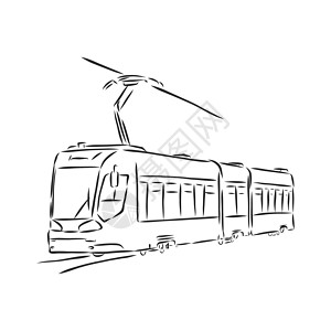 火车手绘电车的孤立的向量例证 城市公共交通 手绘线性涂鸦水墨素描 白色背景上的黑色剪影 它制作图案电车矢量速写艺术机车车辆车站插图速度草背景