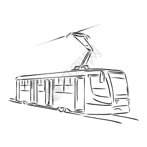 电车的孤立的向量例证 城市公共交通 手绘线性涂鸦水墨素描 白色背景上的黑色剪影 它制作图案电车矢量速写铁路民众艺术乘客草图绘画车图片