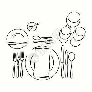 矢量手绘插图与表设置集 草图 复古插画 餐桌套装餐具矢量速写它制作图案午餐晚餐桌子环境用具绘画涂鸦服务金属早餐图片