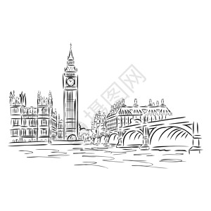 繁忙的议会广场的热门景观 前面是大本钟和双层巴士 后面是伦敦眼 在白色背景上孤立的素描图片