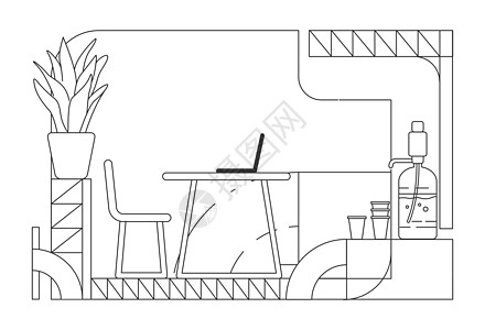 家庭办公室室内设计大纲矢量图 当代公司老板工作场所轮廓构成白色背景 饮水机电脑桌上简约风格画背景图片
