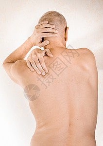 人患有脑脊椎骨或皮肌肉疼痛药品成人治疗背痛保健斜方肌神经男人脖子痛苦背景图片