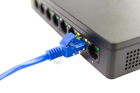连接到交换机端口概念总线的蓝色电缆网络电缆白色互联网港口电子数据插头宽带办公室电脑连接器图片