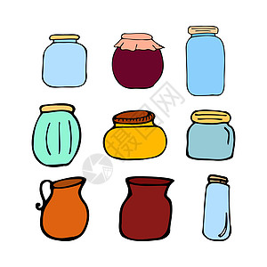 彩色手绘罐子套装 轮廓素描 卡通厨房 ob装罐标签蜂蜜插图卡通片涂鸦液体白色石匠空白图片